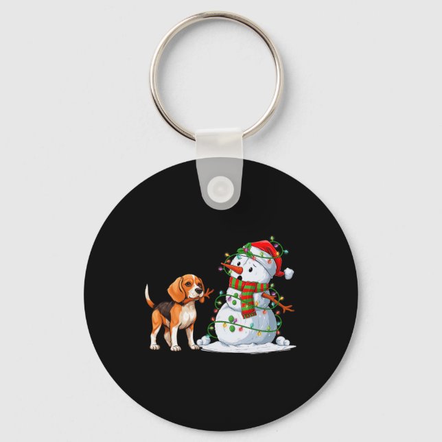 Funny Beagle Dog Snowman Christmas Tree Lights Xma Key Ring (Front)