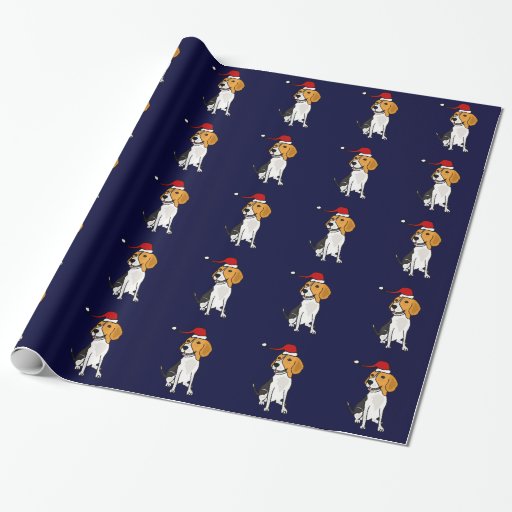 Image of Funny Beagle Dog Wearing Santa Hat Wrapping Paper