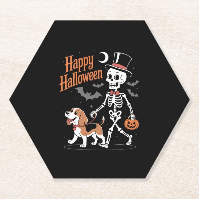 Funny Beagle Skeleton Dog Walking Paper Coaster (Front)