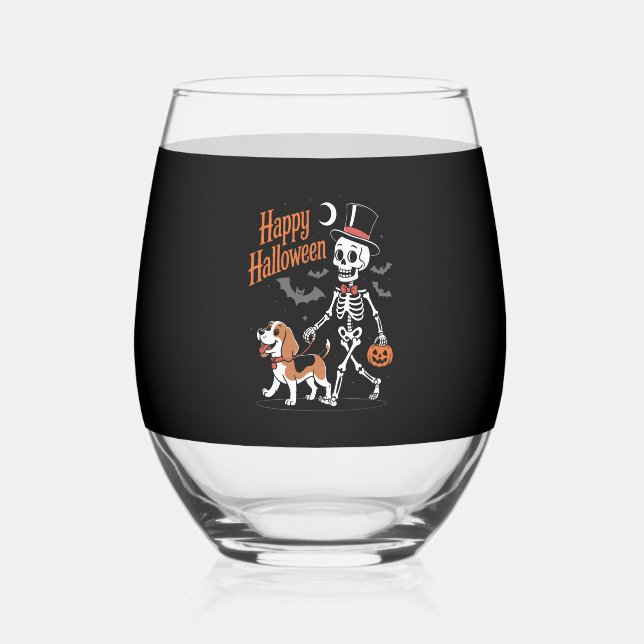 Funny Beagle Skeleton Dog Walking Stemless Wine Glass (Front)
