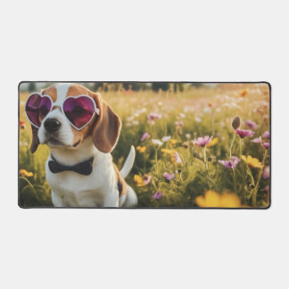 Funny Beagle Wearing Sunglasses in a Meadow Desk Mat