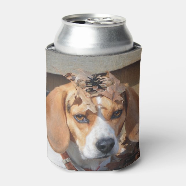 Funny Beagle With Leaves Acorns on Head Can Cooler (Can Front)