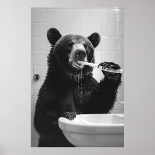 Funny Bear Brushing Teeth Print Vintage Bathroom