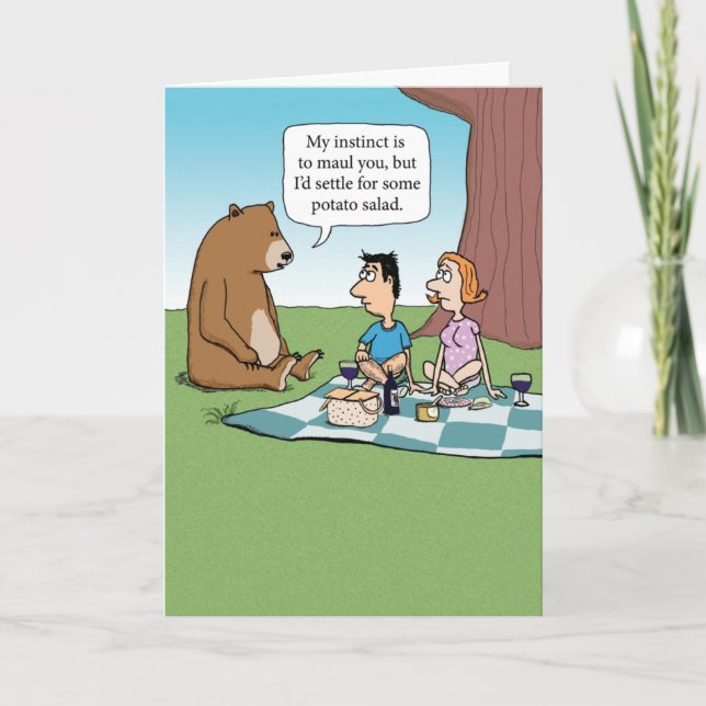 Funny Bear Crashing a Picnic Birthday Card (Front)