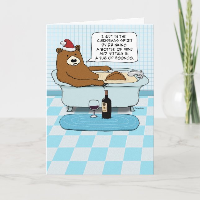 Funny Bear Drinking Wine, Soaking in Tub Christmas Holiday Card (Front)