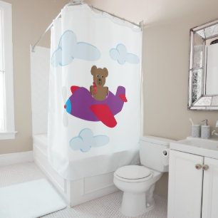Funny bear flying by plane shower curtain