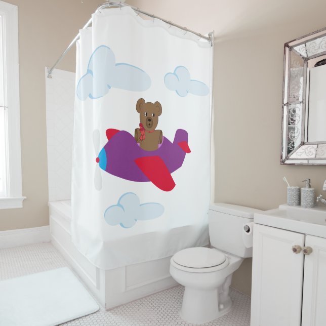 Funny bear flying by plane shower curtain (In Situ)