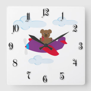 Funny bear flying by plane square wall clock