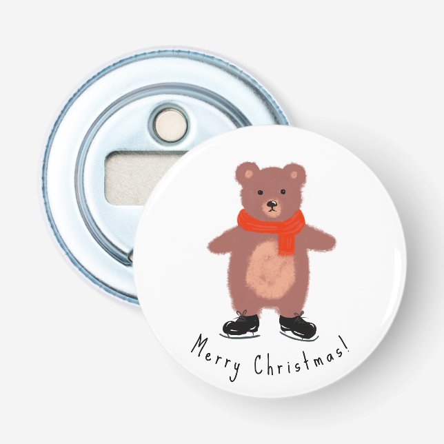 Funny bear on winter skates bottle opener (Front)