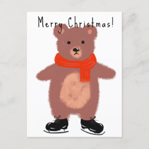 Funny bear on winter skates holiday postcard
