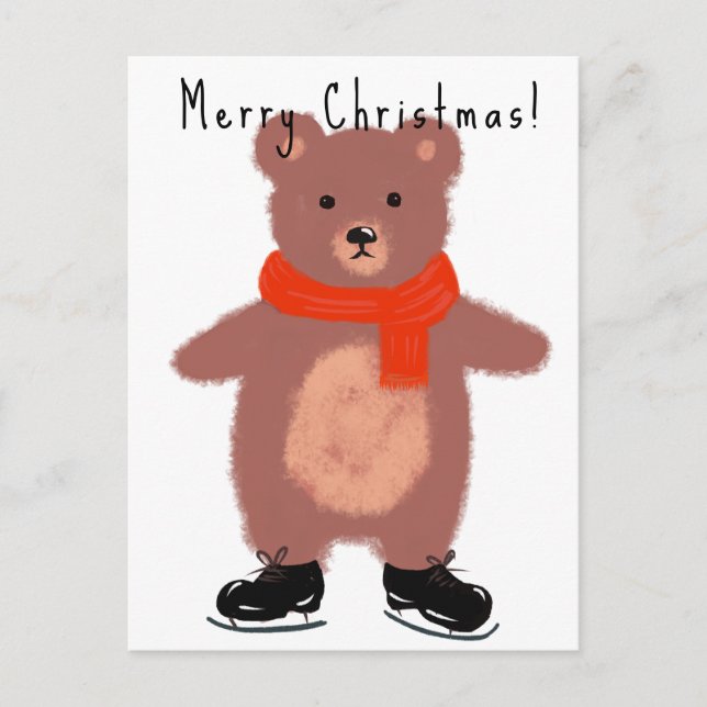 Funny bear on winter skates holiday postcard (Front)