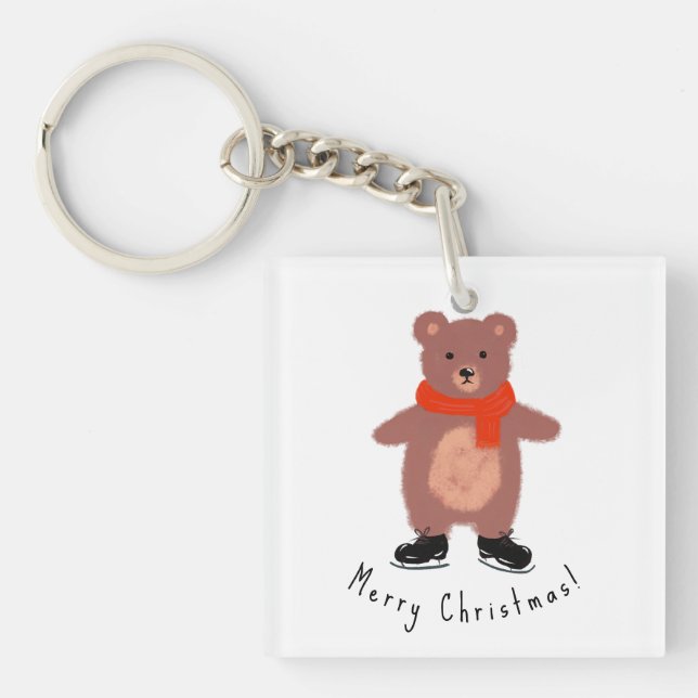 Funny bear on winter skates key ring (Front)