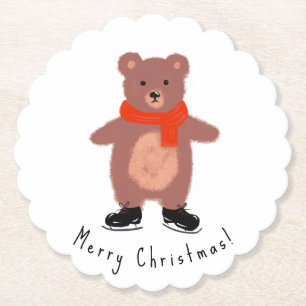 Funny bear on winter skates paper coaster