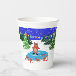 Funny bear on winter skates paper cups