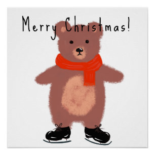 Funny bear on winter skates poster
