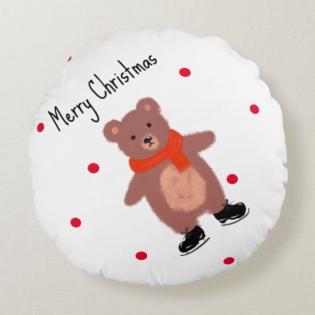 Funny bear on winter skates round cushion (Front)
