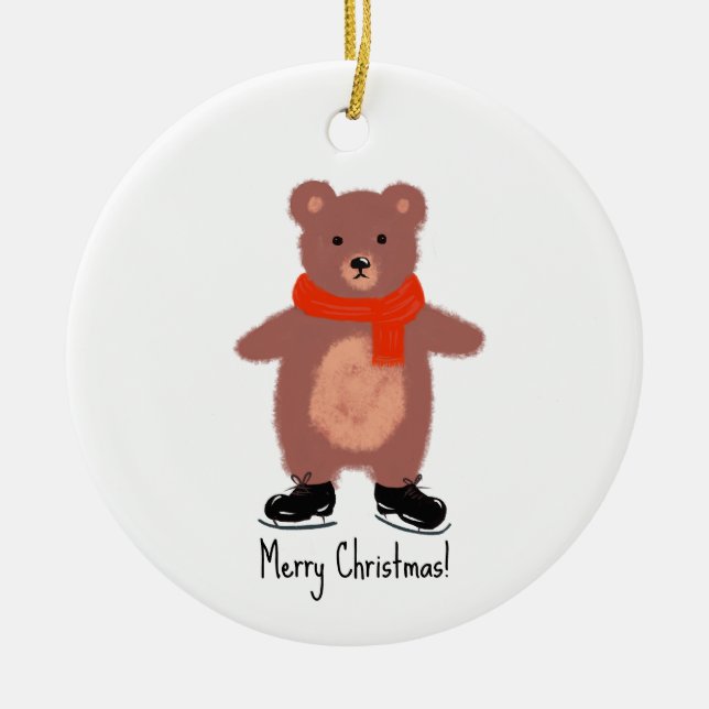 Funny bear skating ceramic tree decoration (Front)