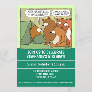 Funny Bears Outside Tent Birthday Party Invitation