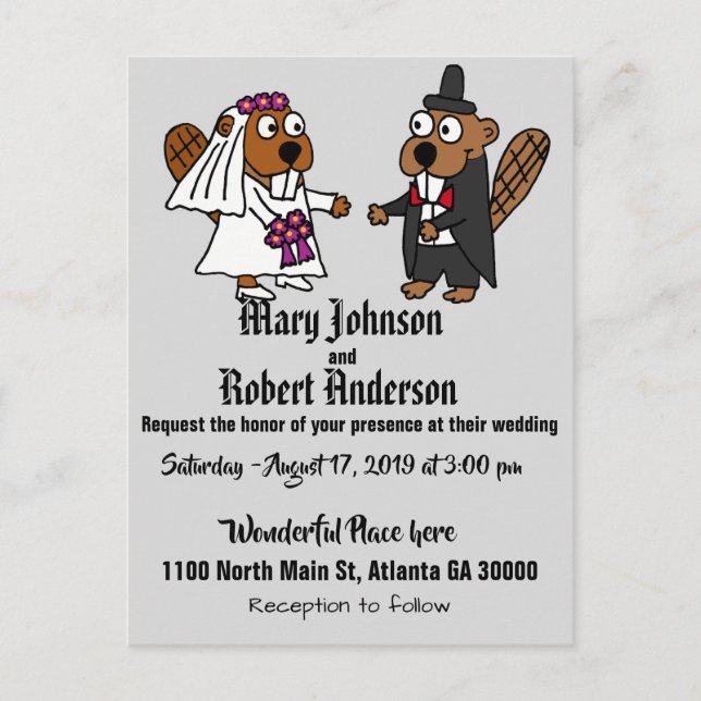 Funny Beaver Bride and Groom Wedding Invitation Postcard (Front)