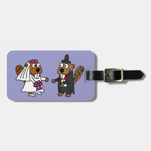Funny Beaver Bride and Groom Wedding Luggage Tag (Front Horizontal)