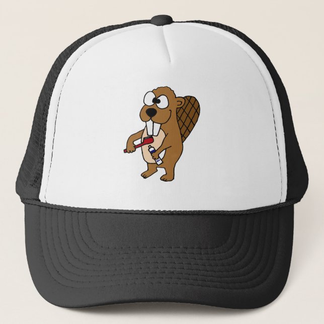 Funny Beaver Brushing Teeth Cartoon Trucker Hat (Front)