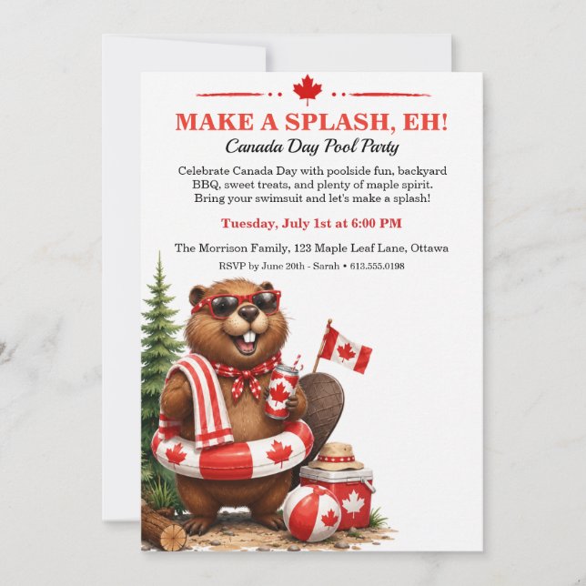 Funny Beaver Canada Day Pool Party Invitation (Front)