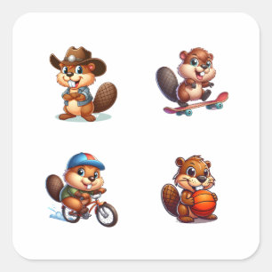 Funny Beaver Cartoon Character 4 Pack Stickers
