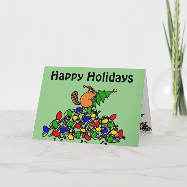 Funny Beaver Christmas Dam with Lights Holiday Card (Front)