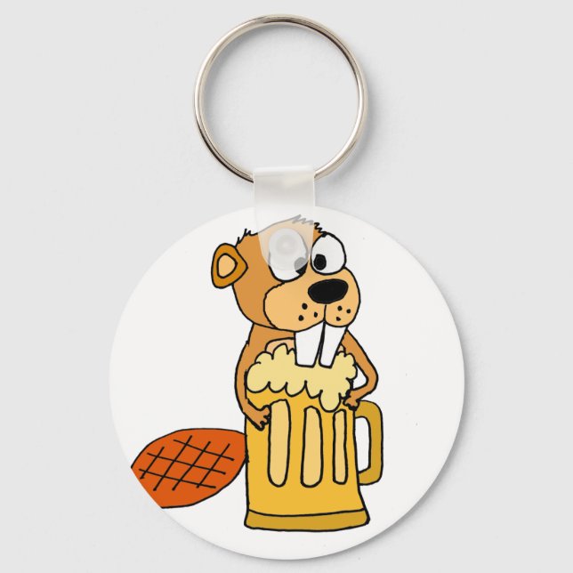 Funny Beaver Drinking Beer Key Ring (Front)