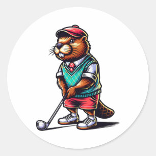 Funny Beaver Golfer Rodent Golfing Sports  Classic Round Sticker