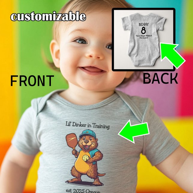 Funny Beaver Pickleball Baby Bodysuit (Cute pickleball bodysuit with beacer playing pickleball, custom text back and front)