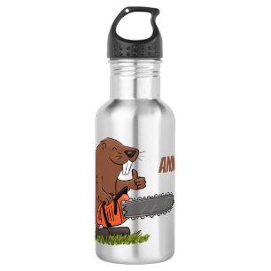 Funny beaver with chainsaw cartoon humor 532 ml water bottle