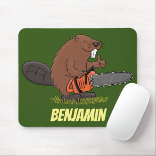 Funny beaver with chainsaw cartoon humor mouse mat