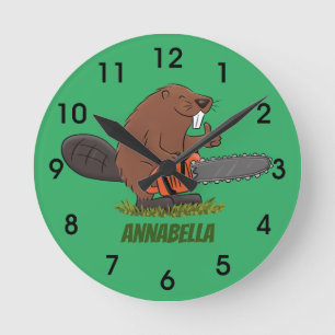 Funny beaver with chainsaw cartoon humor round clock