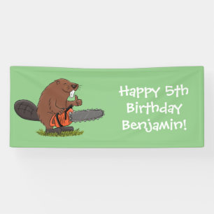 Funny beaver with chainsaw cartoon humour banner