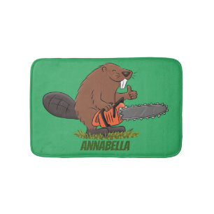Funny beaver with chainsaw cartoon humour bath mat