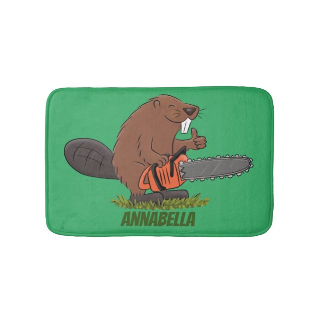 Funny beaver with chainsaw cartoon humour bath mat (Front)