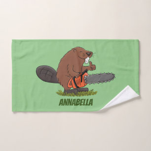 Funny beaver with chainsaw cartoon humour bath towel set