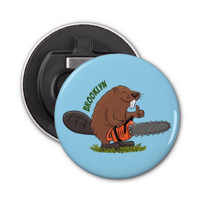 Funny beaver with chainsaw cartoon humour bottle opener (Front)