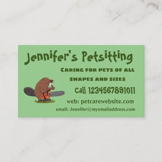 Funny beaver with chainsaw cartoon humour business card (Front)