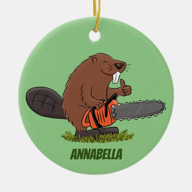 Funny beaver with chainsaw cartoon humour ceramic tree decoration (Front)