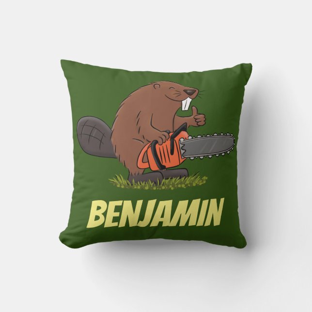 Funny beaver with chainsaw cartoon humour cushion (Front)