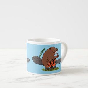 Funny beaver with chainsaw cartoon humour espresso cup