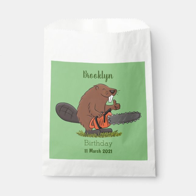 Funny beaver with chainsaw cartoon humour favour bags (Front)