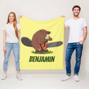 Funny beaver with chainsaw cartoon humour fleece blanket