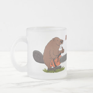 Funny beaver with chainsaw cartoon humour frosted glass coffee mug
