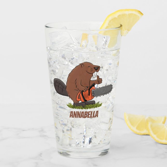 Funny beaver with chainsaw cartoon humour glass (Back Ice)