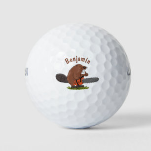 Funny beaver with chainsaw cartoon humour golf balls
