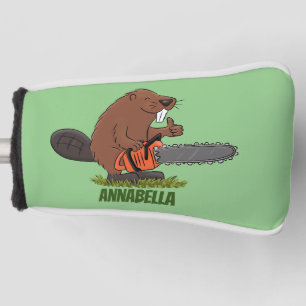 Funny beaver with chainsaw cartoon humour golf head cover