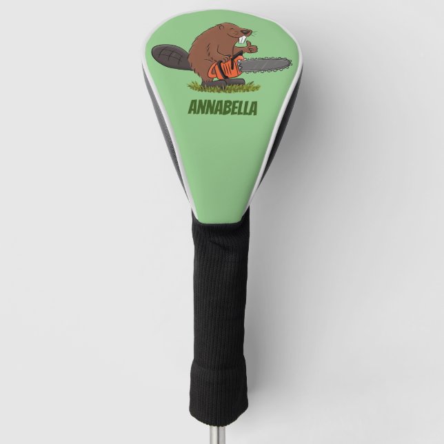 Funny beaver with chainsaw cartoon humour golf head cover (Front)